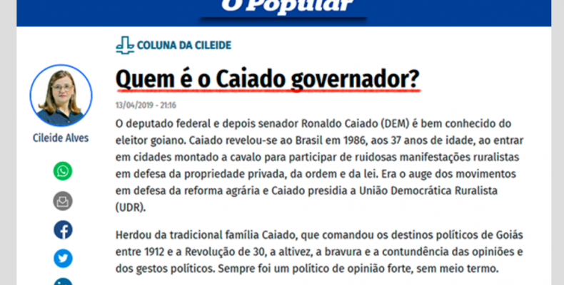 Em fabuloso artigo no Popular, jornalista Cileide Alves detona Caiado: “Governador sem norte”