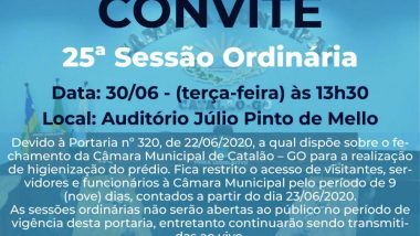 25ª Sessão Ordinária da Câmara de Vereadores de Catalão será realizada nesta terça-feira 30 de junho