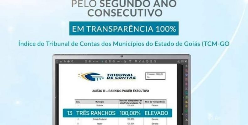 Três Ranchos recebe certificado do TCM por 100% de transparência pelo segundo ano consecutivo