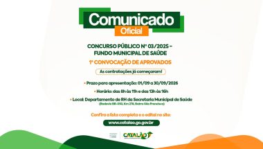 Catalão: Concurso Público nº 03/2025 – Fundo Municipal de Saúde: 1ª Convocação de Aprovados