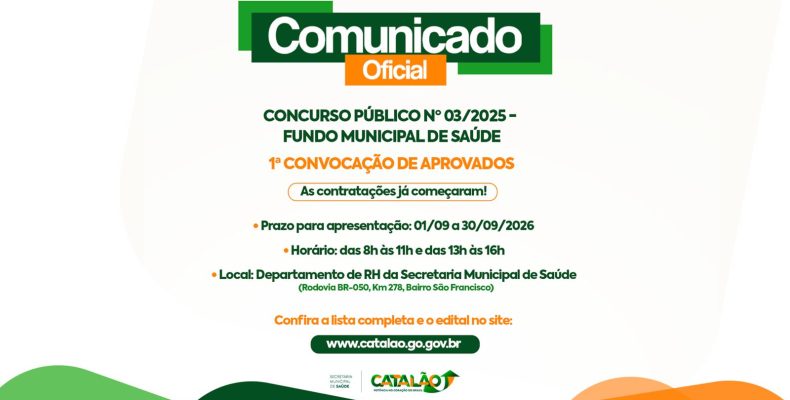 Catalão: Concurso Público nº 03/2025 – Fundo Municipal de Saúde: 1ª Convocação de Aprovados